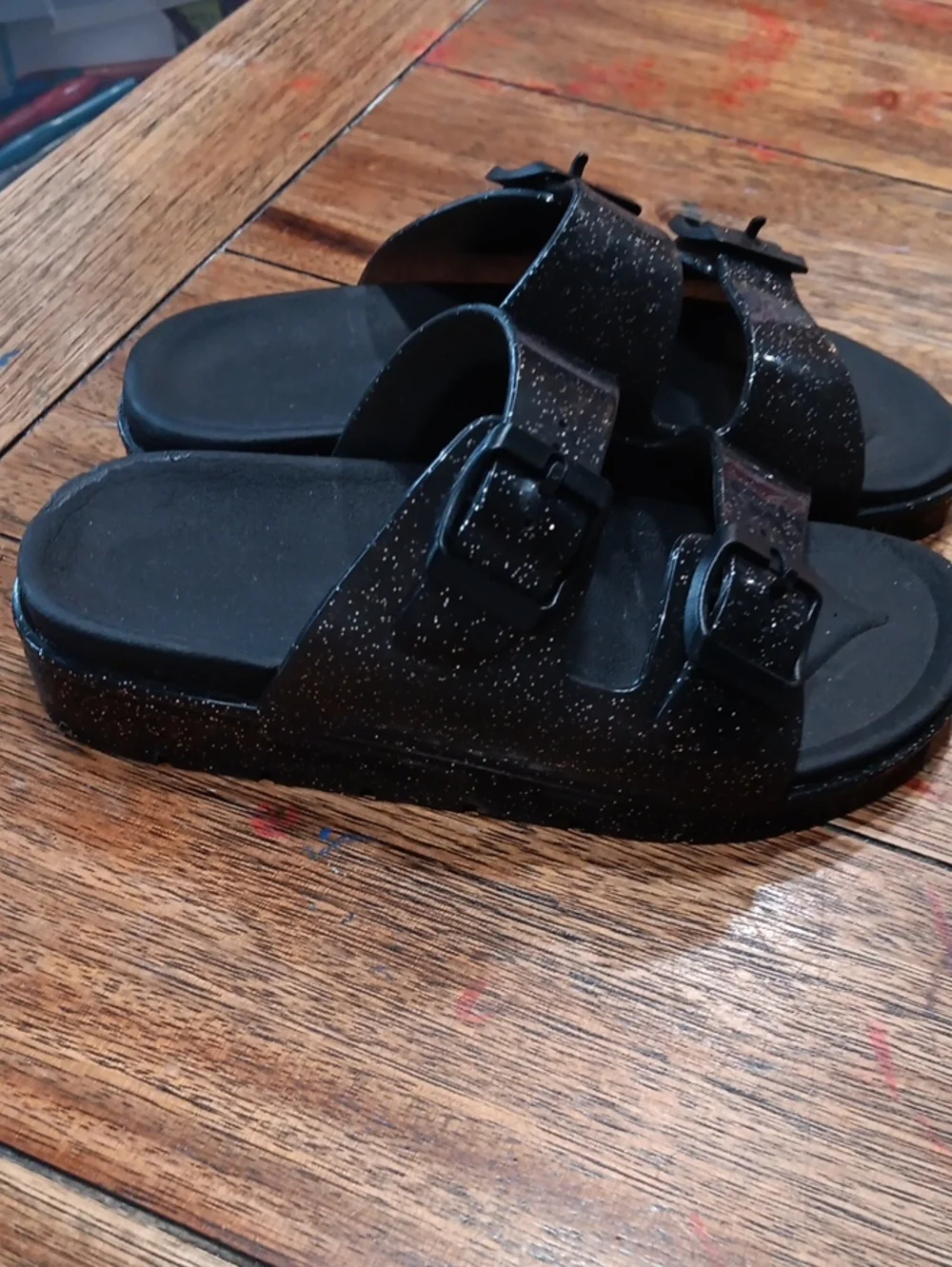 Kids Black Glitter Double-Buckle Sandals